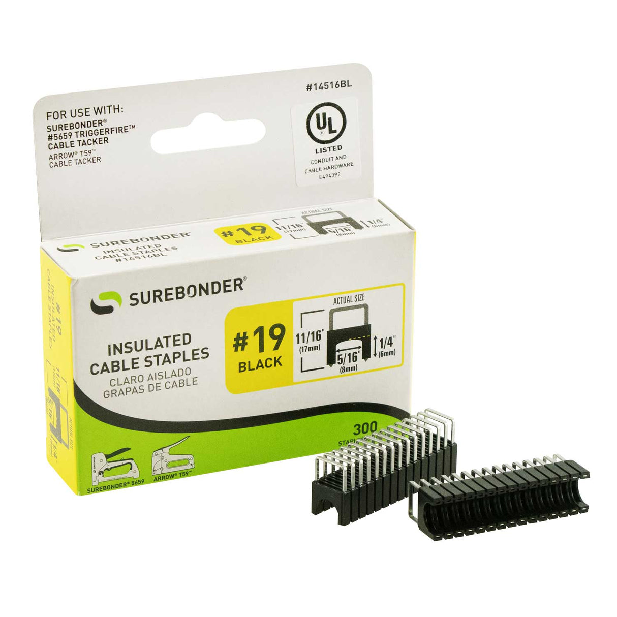 Insulated Cable Staples, Black, 1/4" x 5/16", 300 Pack, No. 19 (14516BL)