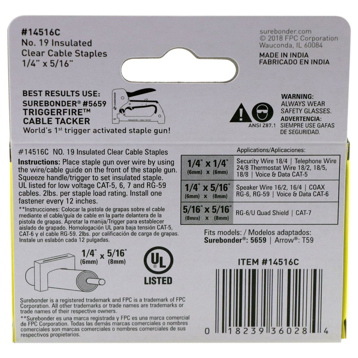 Insulated Cable Staples, Clear, 1/4" x 5/16", 300 Pack, No. 19 (14516C) - Surebonder