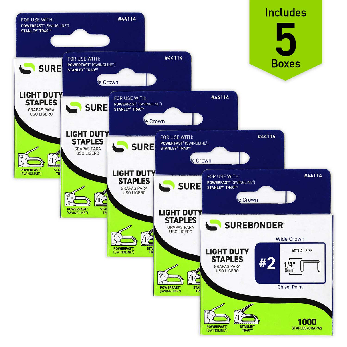 44114 #2 Light Duty Wide Crown Staples - 1/4" Length - 1000/box, 5 Pack