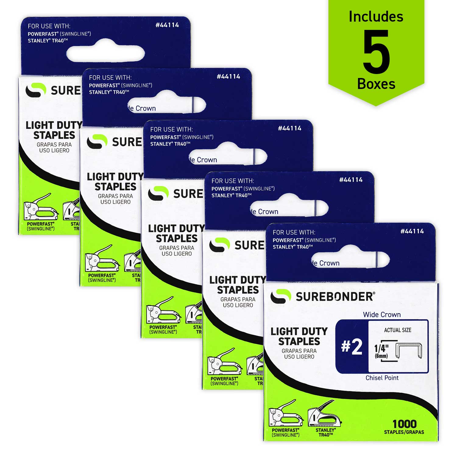 44114 #2 Light Duty Wide Crown Staples - 1/4" Length - 1000/box, 5 Pack