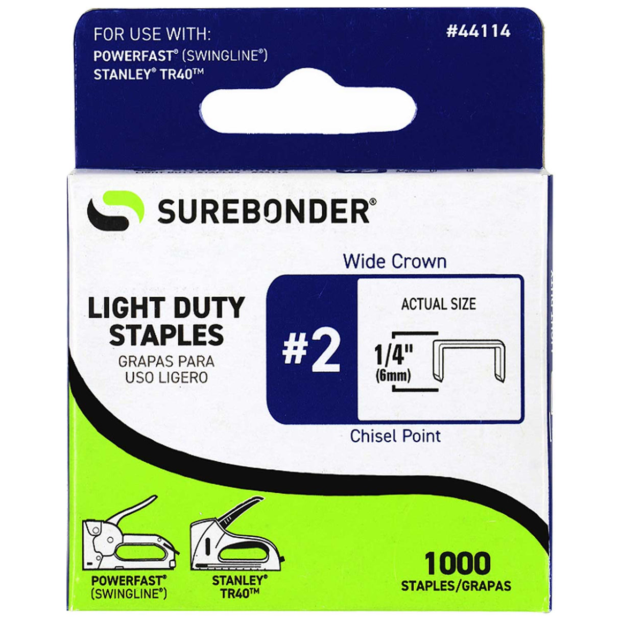 44114 #2 Light Duty Wide Crown Staples - 1/4" Length - 1000/box, 5 Pack - Surebonder