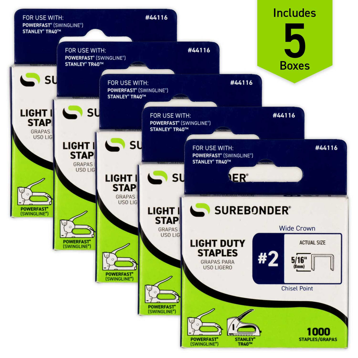 44116 #2 Light Duty Wide Crown Staples - 5/16" Length - 1000/box, 5 Pack