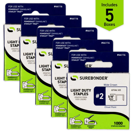 44116 #2 Light Duty Wide Crown Staples - 5/16" Length - 1000/box, 5 Pack