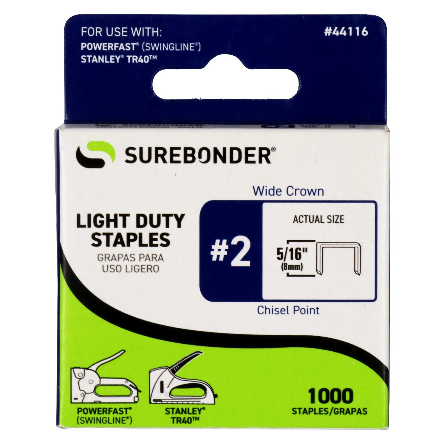 44116 #2 Light Duty Wide Crown Staples - 5/16" Length - 1000/box, 5 Pack - Surebonder