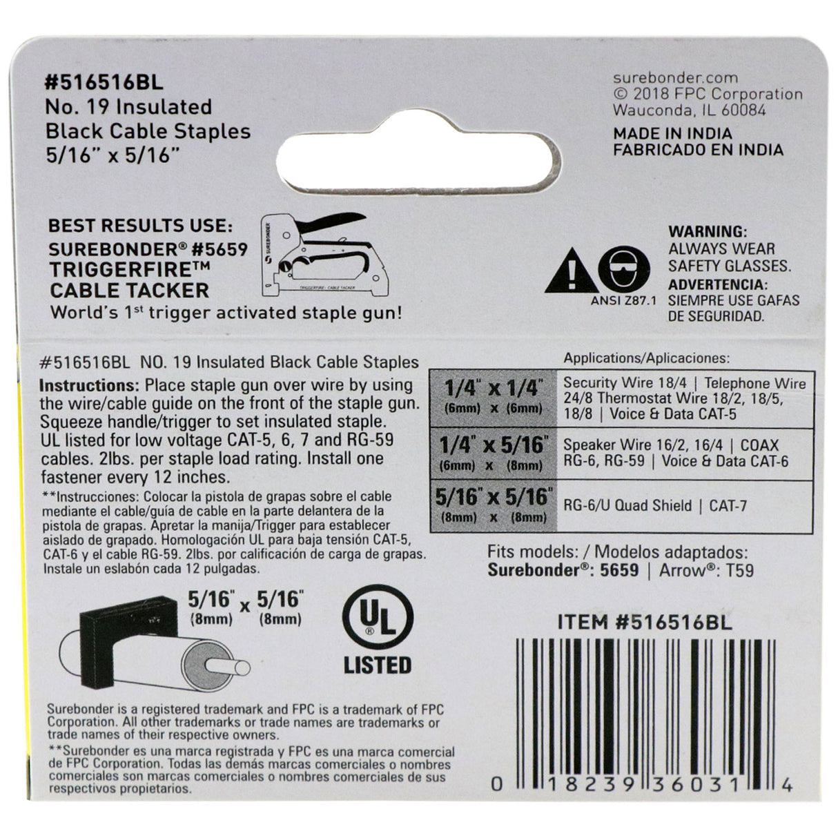 Insulated Cable Staples, Black, 5/16" x 5/16", 300 Pack, No. 19 (516516BL) - Surebonder