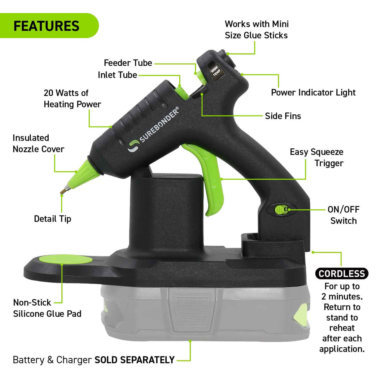 Cordless Battery Powered High Temperature Mini Hot Glue Gun With Detail Tip, 20 Watt (Battery and Charger Not Included) - Surebonder