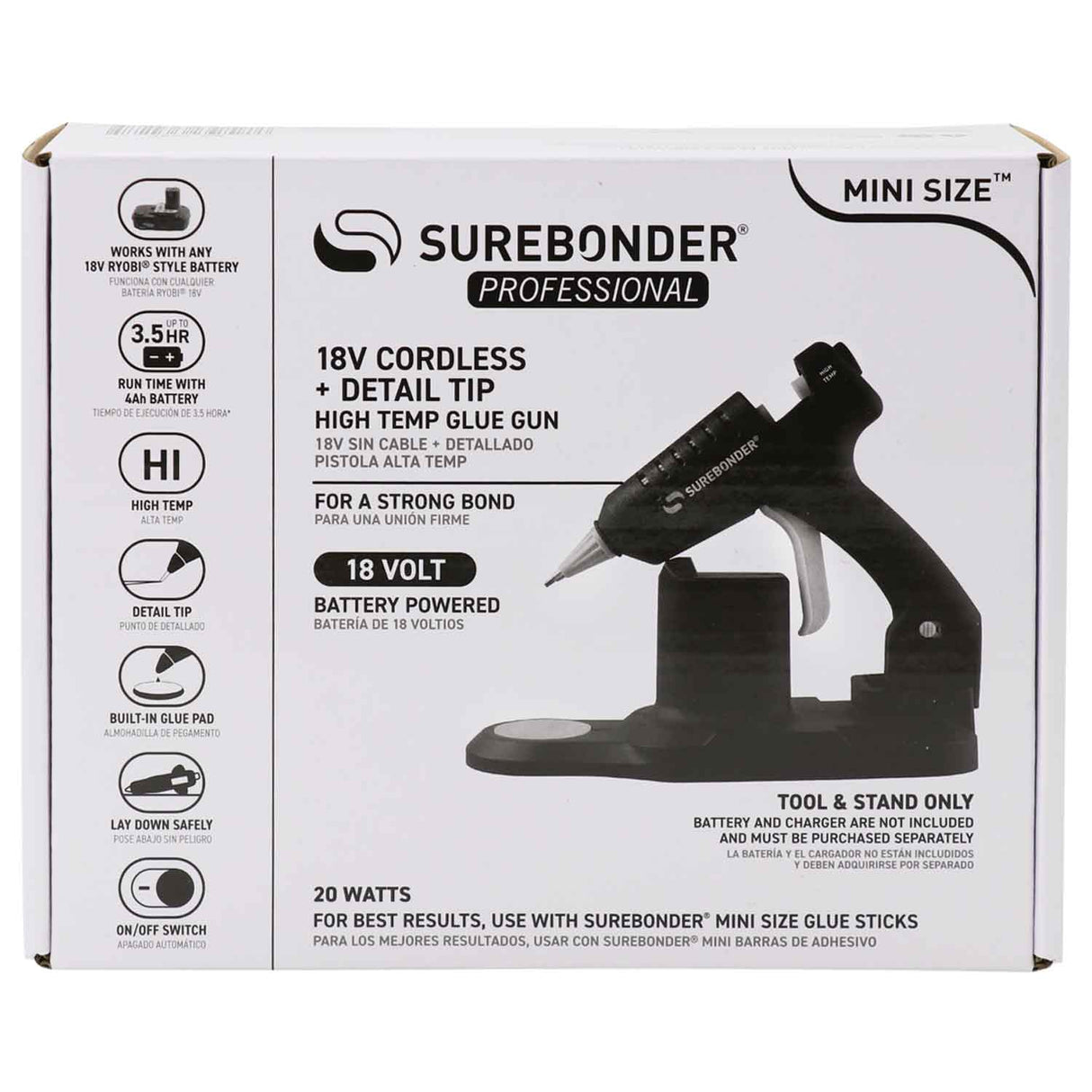 Cordless Battery Powered High Temperature Mini Hot Glue Gun With Detail Tip, 20 Watt (Battery and Charger Not Included) - Surebonder