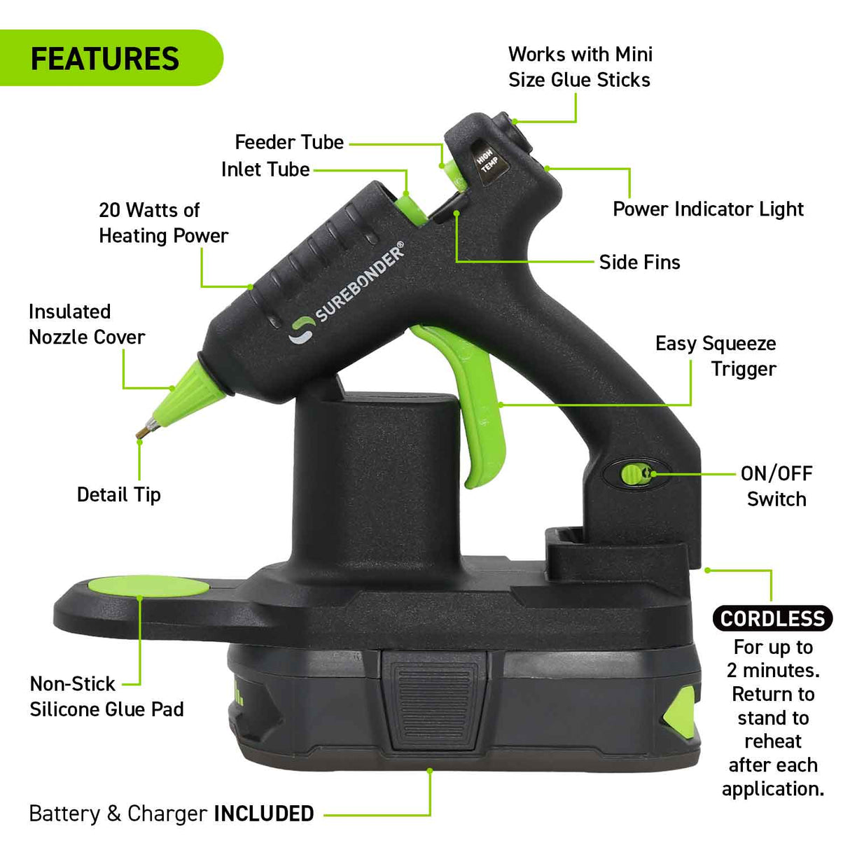 Cordless Battery Powered High Temperature Mini Hot Glue Gun Kit With Detail Tip, 20 Watt (Battery and Charger Included) - Surebonder