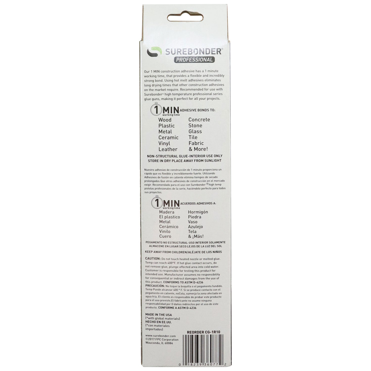 Construction Grade Adhesive Hot Melt Glue Sticks, Full Size 10" Length - 1 Minute Working Time (CG-1R10T) - Surebonder