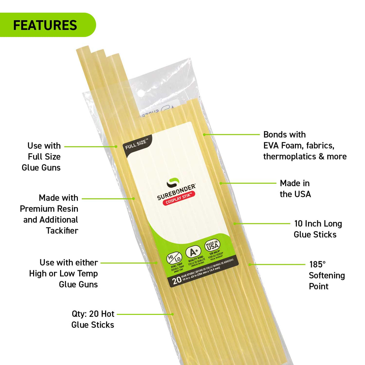 Cosplay Amber Hot Glue Sticks For High & Low Temperatures, Full Size 10" - 20 Pack - Surebonder