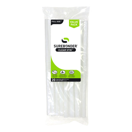 Surebonder clear full size hot glue sticks, 10 inches long, 7/16 inches diameter, 20 pack, Made in USA
