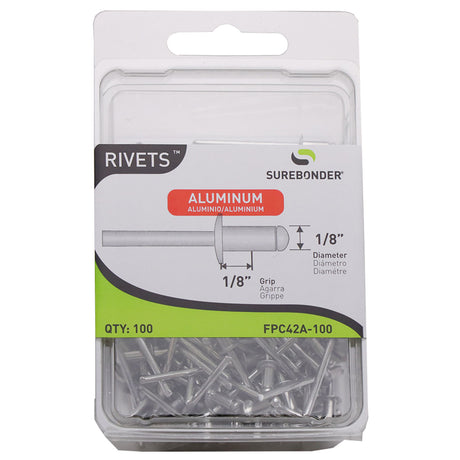 Surebonder 1/8 x 1/8 aluminum blind rivets for fastening thin metal, plastic, and fabric