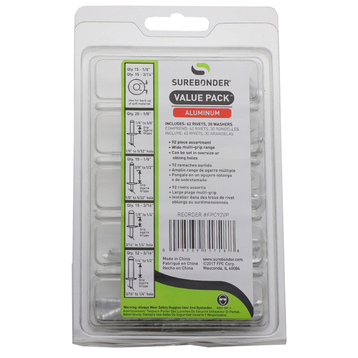 FPC92VP Multi-Grip Rivet Variety Pack - 92 Pieces - Rivets: 2 Sizes of 1/8" & 3/16" - Washers: 1/8" & 3/16"