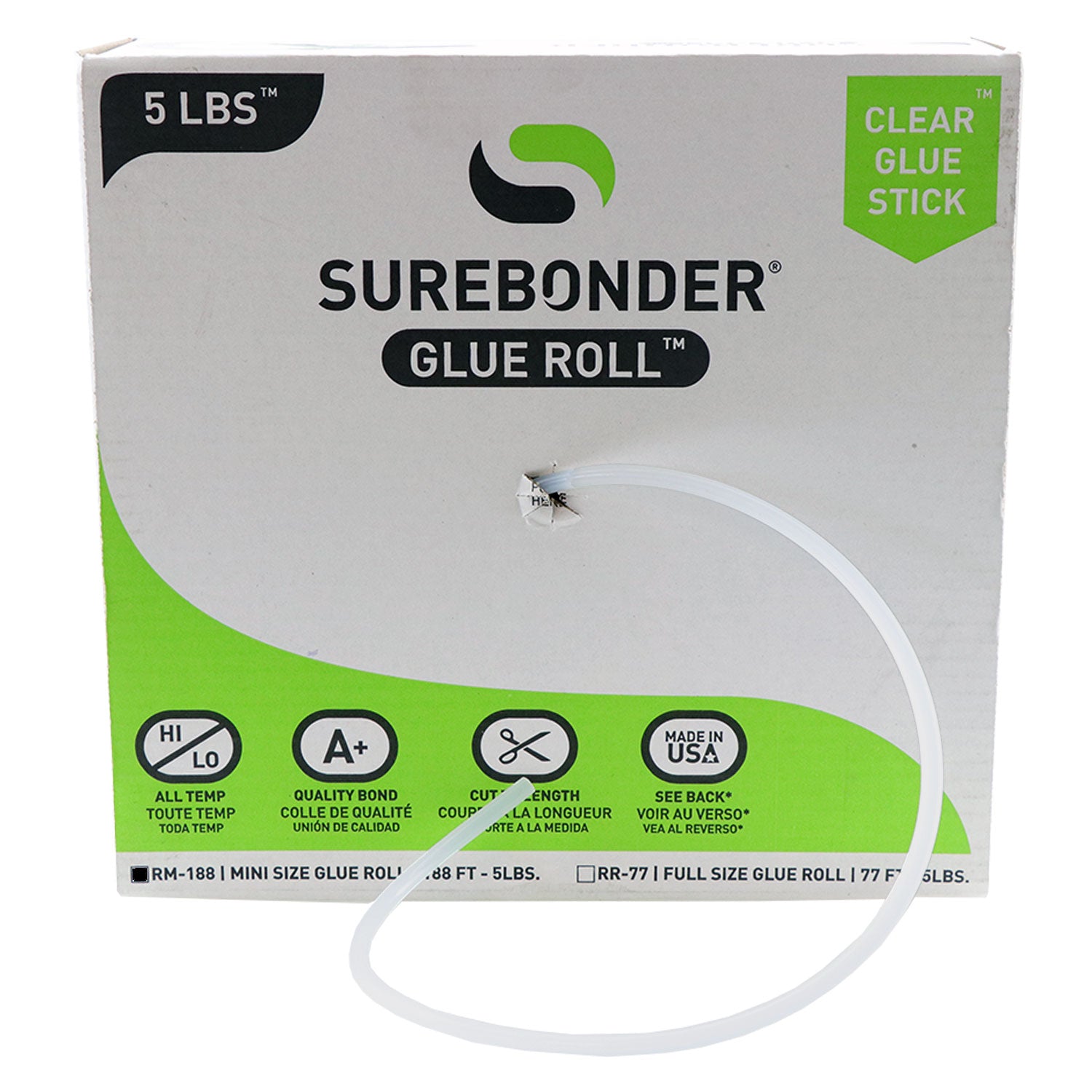 RM-188 Mini Size 188 ft. Clear Hot Glue Stick Roll - 5 lb Box