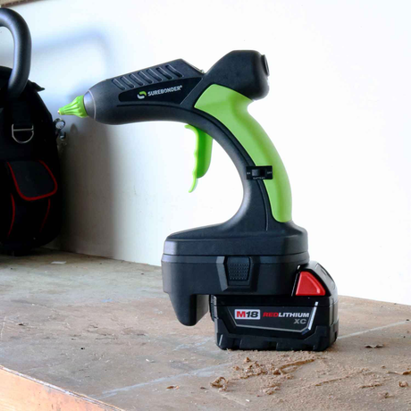 Surebonder PRO2-60 hot glue gun shown with MIL-18V adapter for Milwaukee M18 batteries