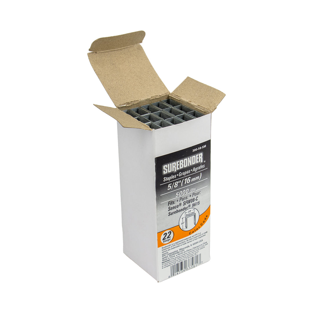 300 series surebonder staples measuring 5/8 inch - staple box open displaying staples inside