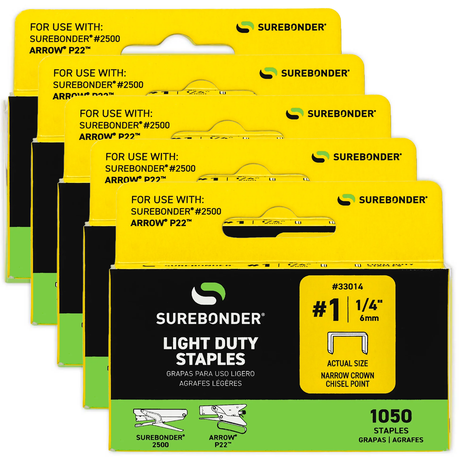 Surebonder 33014 light duty #1 1/4 inch staples, pack of 5, 1050 count each, compatible with Surebonder 2500 and Arrow P22 staplers.