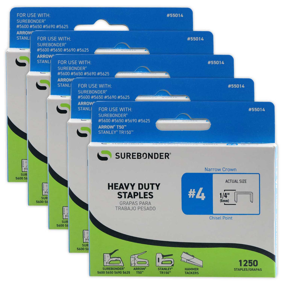 55014 #4 Heavy Duty Narrow Crown Staples - 1/4" Length - 1250/box, 5 Pack