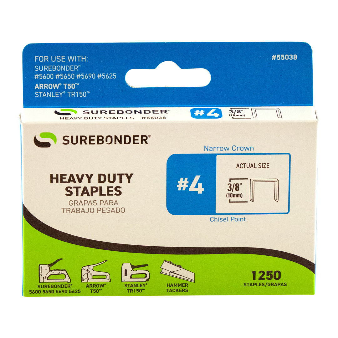 55038 #4 Heavy Duty Narrow Crown Staples - 3/8" Length - 1250/box, 5 Pack - Surebonder