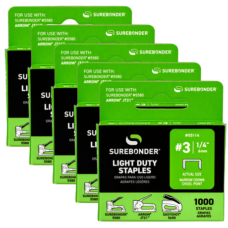 Surebonder 55114 #3 light duty 1/4 inch staples 5-pack, 1000 count per box, compatible with Surebonder 5580, Arrow JT21, and EasyShot staplers.
