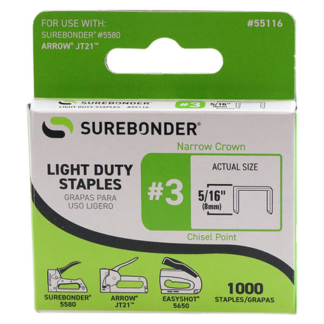 55116 #3 Light Duty Narrow Crown Staples - 5/16" Length - 1000/box, 5 Pack - Surebonder