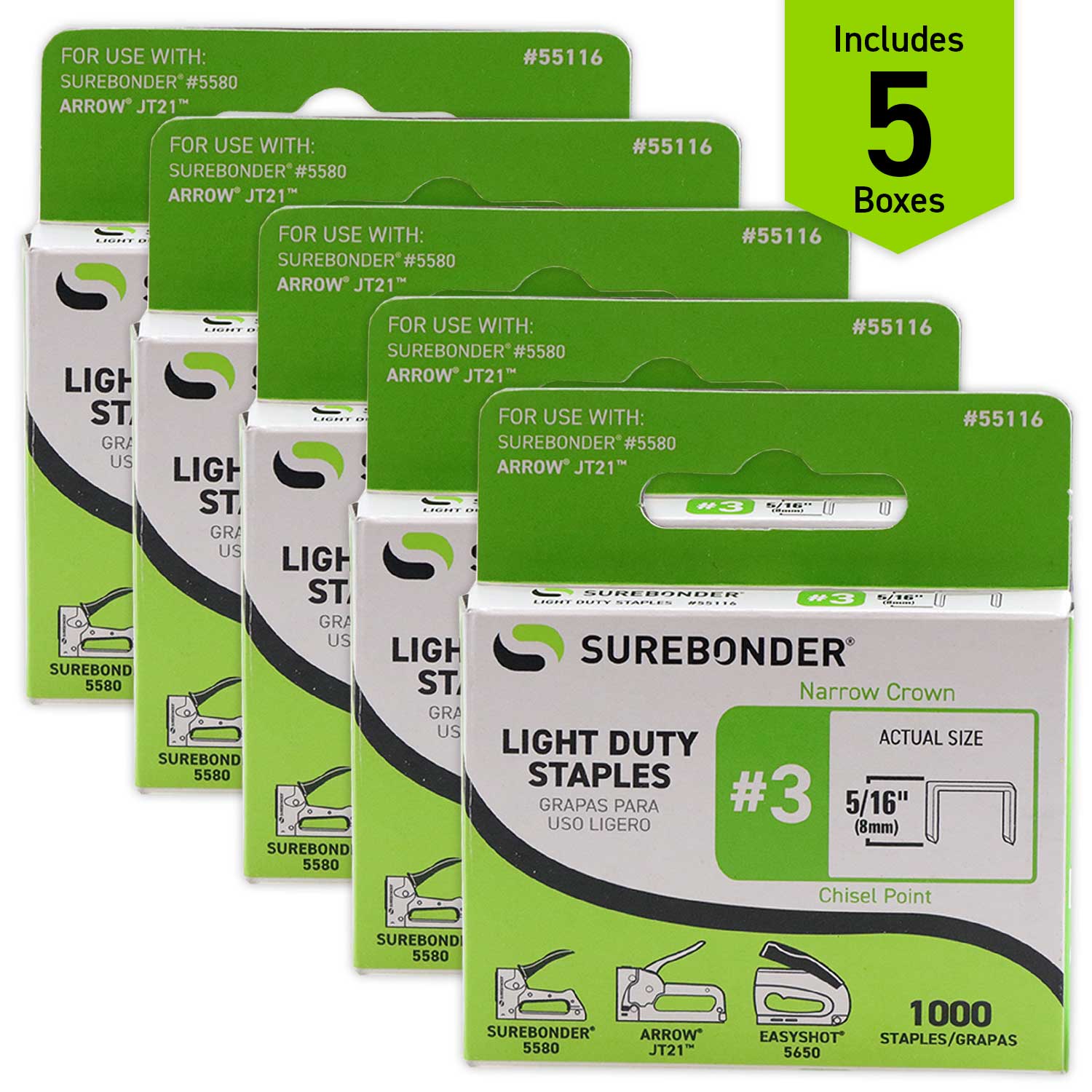 Surebonder 55116 5/16-Inch Crown Staples, JT21 Type – 1000 Count Light Duty Staples