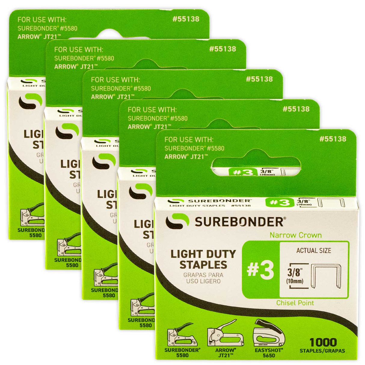 55138 #3 Light Duty Narrow Crown Staples - 3/8" Length - 1000/box, 5 Pack