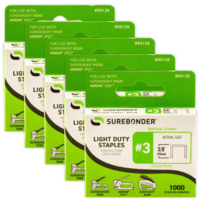 55138 #3 Light Duty Narrow Crown Staples - 3/8" Length - 1000/box, 5 Pack