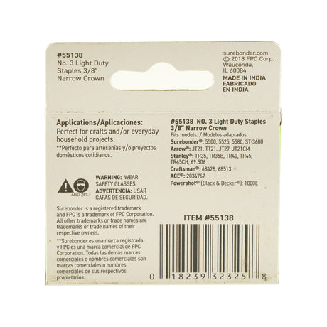 55138 #3 Light Duty Narrow Crown Staples - 3/8" Length - 1000/box, 5 Pack - Surebonder