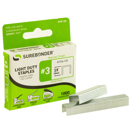 55138 #3 Light Duty Narrow Crown Staples - 3/8" Length - 1000/box, 5 Pack - Surebonder