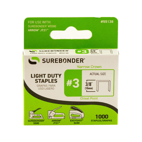 55138 #3 Light Duty Narrow Crown Staples - 3/8" Length - 1000/box, 5 Pack - Surebonder