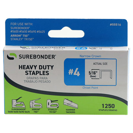 55516 #4 Heavy Duty Narrow Crown Staples - 5/16" Length - 1250/box, 5 Pack - Surebonder
