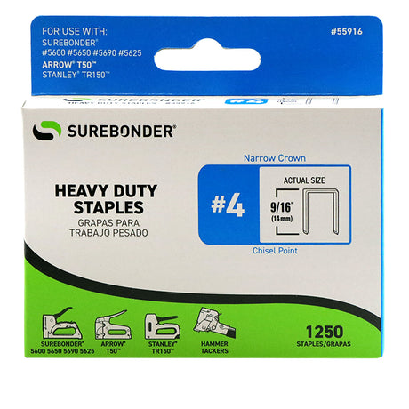 55916 #4 Heavy Duty Narrow Crown Staples - 9/16" Length - 1250/box, 5 Pack - Surebonder