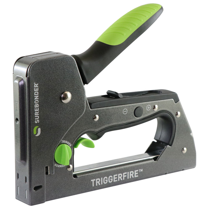 Surebonder TRIGGERFIRE staple gun with two modes: trigger and normal, cushioned rubber handle, steel construction