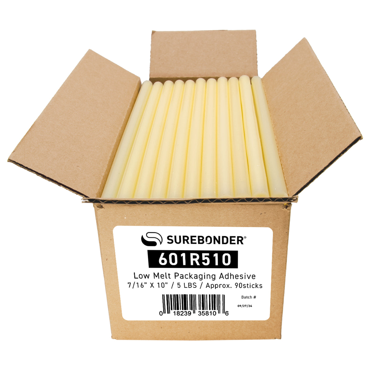 601R510 Low Melt Packaging Glue Sticks - 7/16" x 10" | 5 lb Box