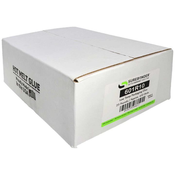 601R10 Low Melt Packaging Glue Sticks - 7/16" x 10" | 25 lb Box - Surebonder