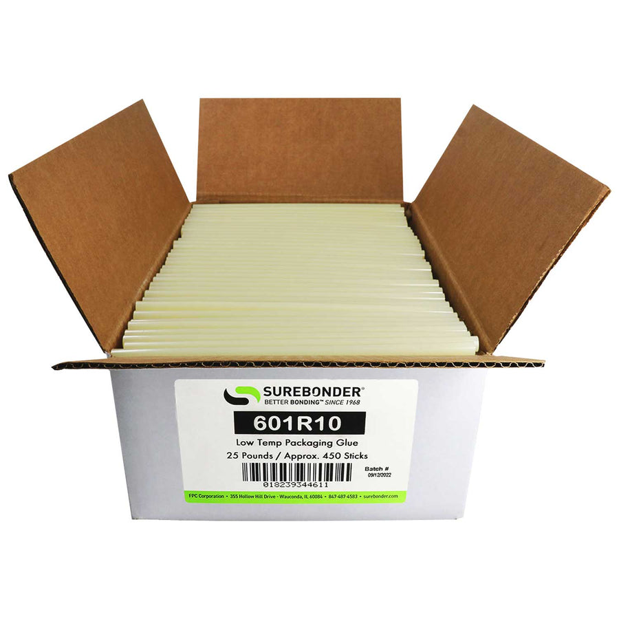601R10 Low Melt Packaging Glue Sticks - 7/16" x 10" | 25 lb Box
