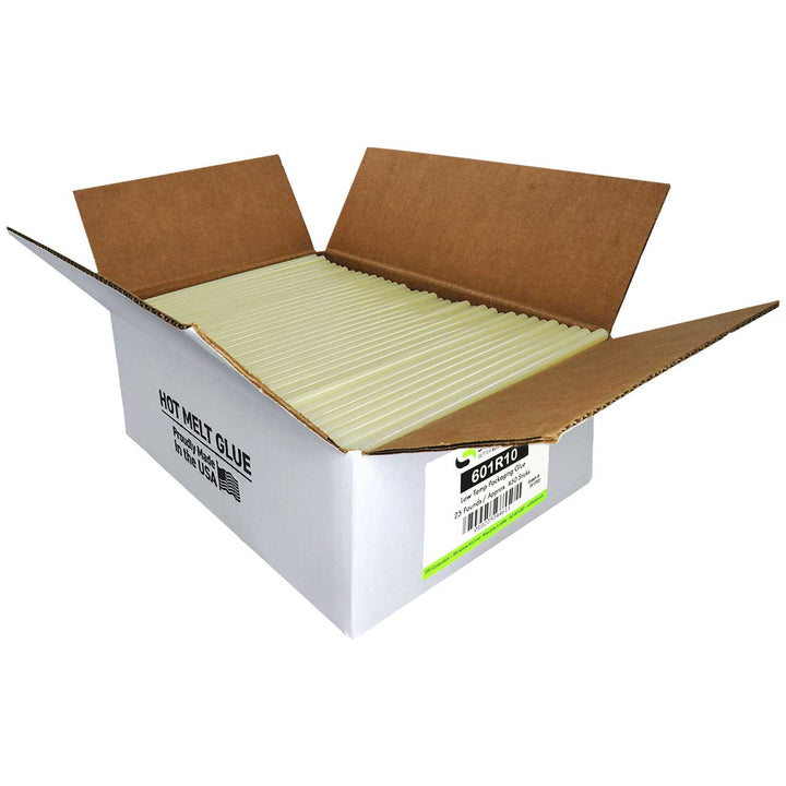 601R10 Low Melt Packaging Glue Sticks - 7/16" x 10" | 25 lb Box - Surebonder