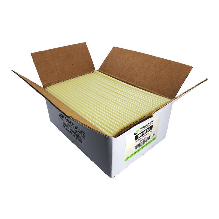 601R15 Low Melt Packaging Glue Sticks - 7/16" x 15" | 25 lb Box - Surebonder