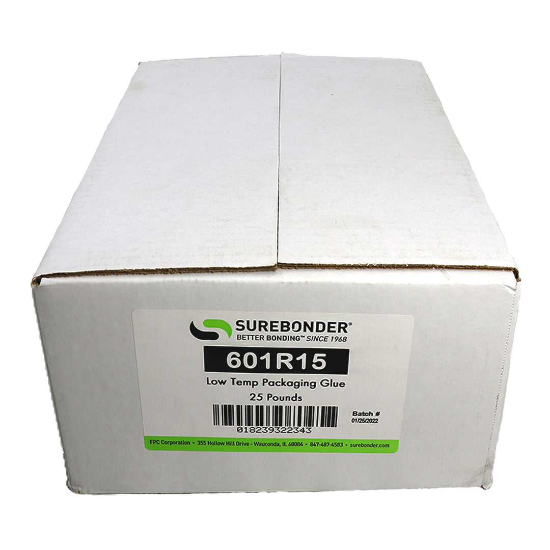 601R15 Low Melt Packaging Glue Sticks - 7/16" x 15" | 25 lb Box - Surebonder