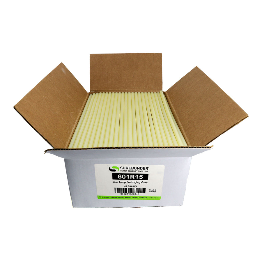 601R15 Low Melt Packaging Glue Sticks - 7/16" x 15" | 25 lb Box