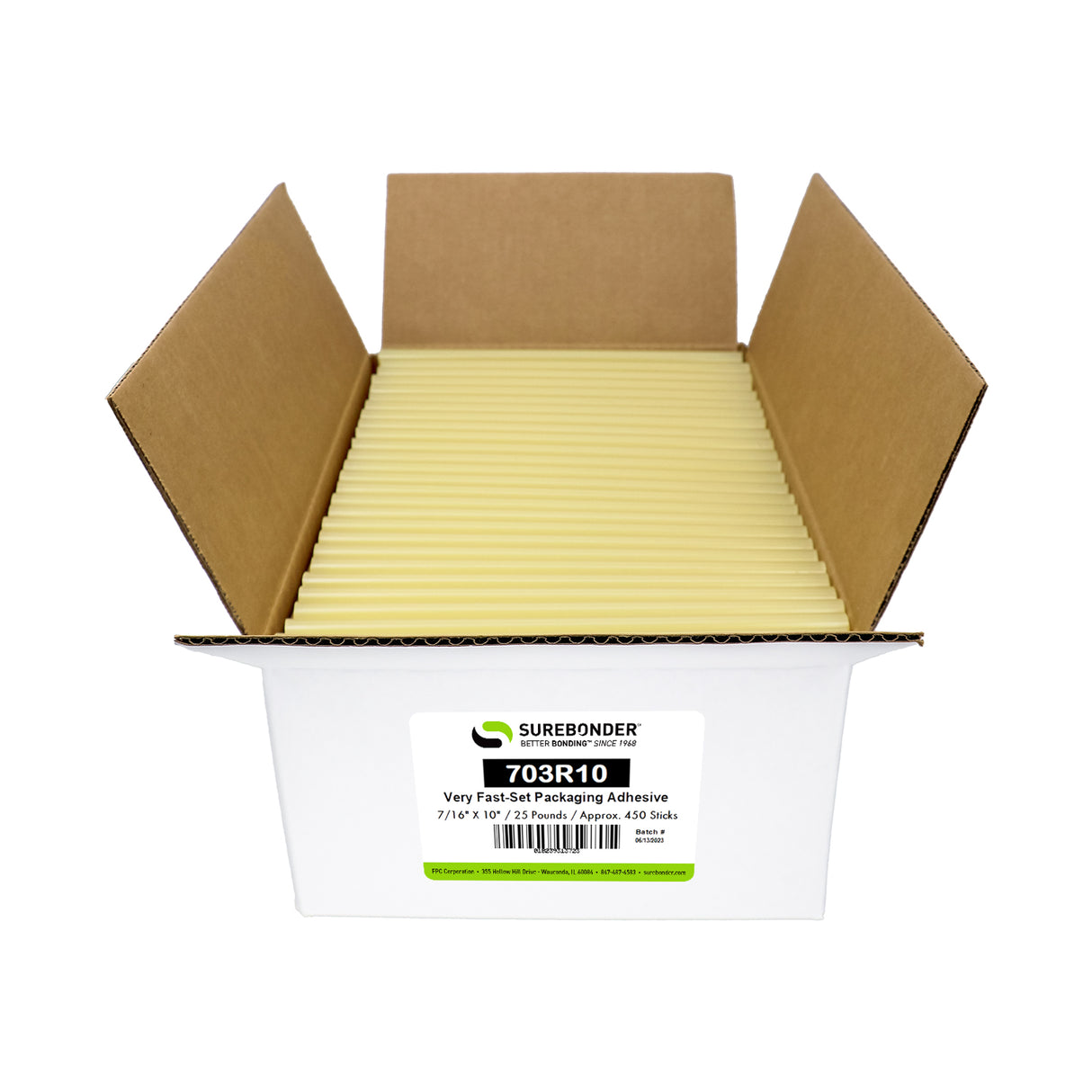 703R10 Full Size 10" Very Fast Set Hot Glue Stick - 7/16" x 10" | 25 lb Box