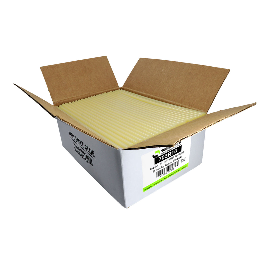 703R15 Very Fast Set Packaging Hot Melt Glue Sticks - 7/16" x 15" | 25 lb Box - Surebonder