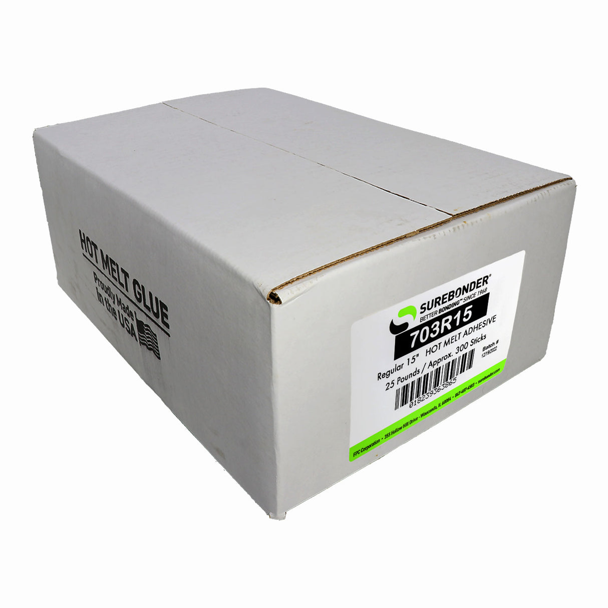 703R15 Very Fast Set Packaging Hot Melt Glue Sticks - 7/16" x 15" | 25 lb Box - Surebonder