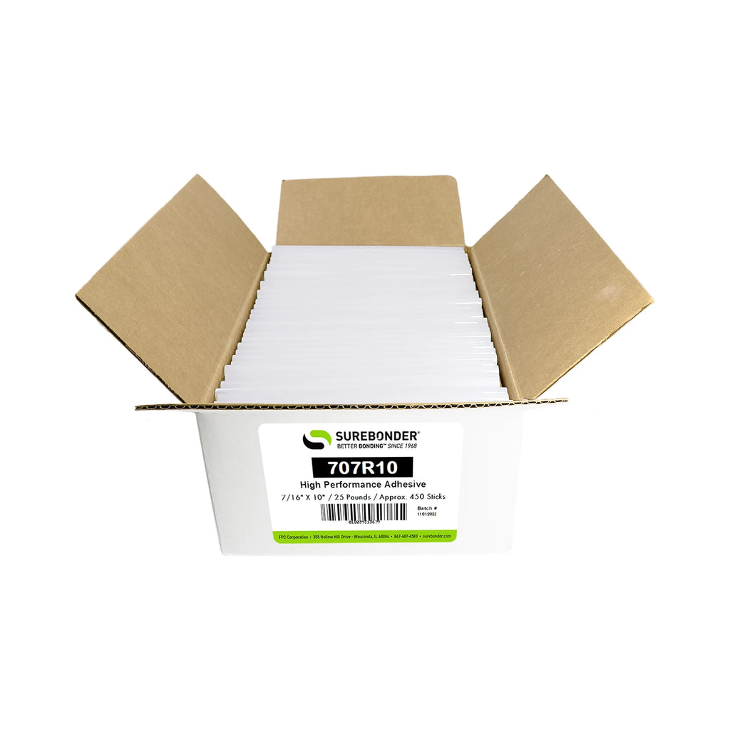 707R10 High Performance Hot Melt Glue Sticks - 7/16" x 10" | 25 lb Box