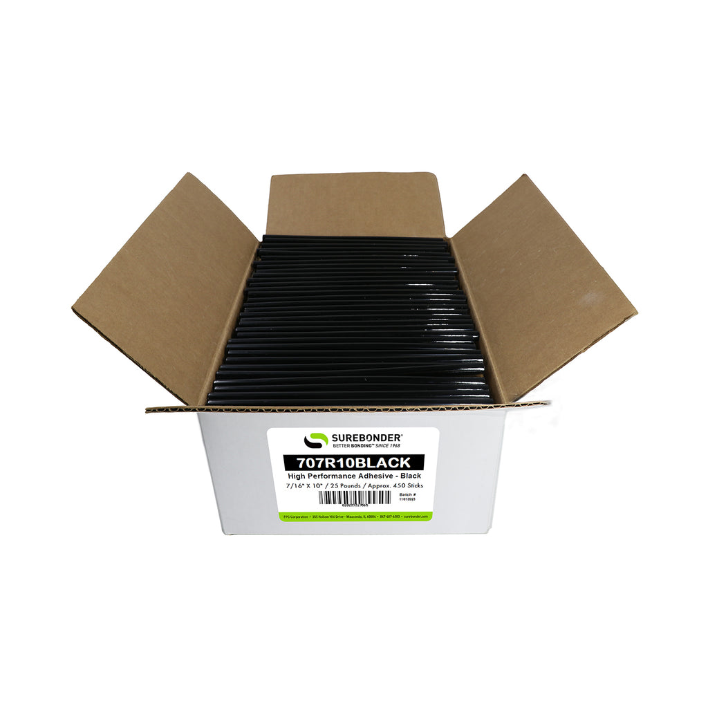 707R10BLACK High Performance Hot Melt Glue Sticks - 7/16" x 10" | 25 lb Box