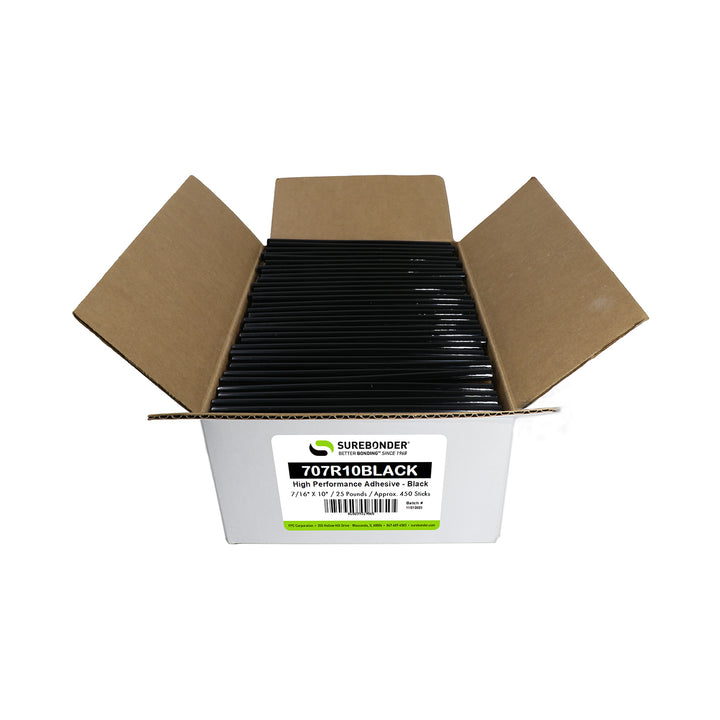 707R10BLACK High Performance Hot Melt Glue Sticks - 7/16" x 10" | 25 lb Box