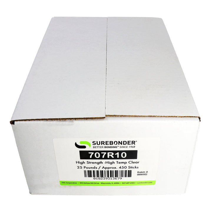707R10 High Performance Hot Melt Glue Sticks - 7/16" x 10" | 25 lb Box - Surebonder