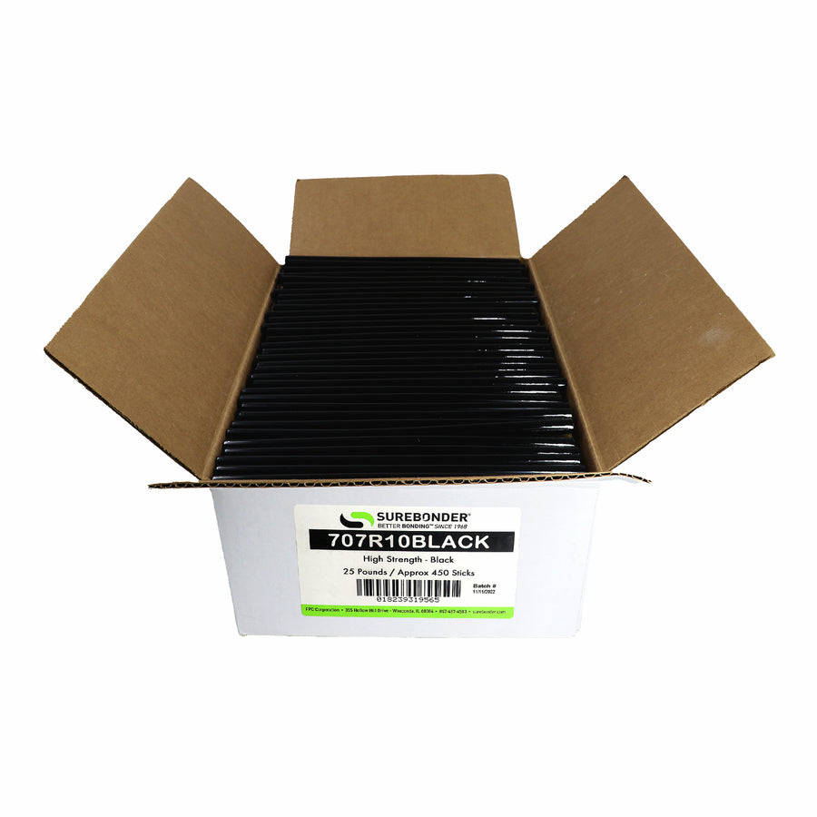 707R10Black High Performance Hot Melt Glue Sticks - 7/16" x 10" | 25 lb Box