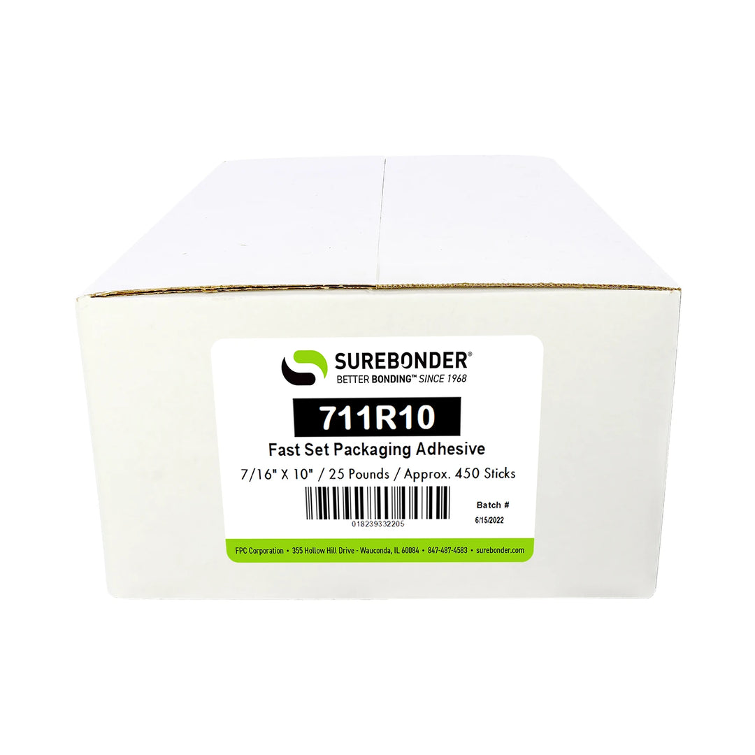711R10 Fast Set Packaging Hot Glue Sticks - 7/16" x 10" | 25 lb Box